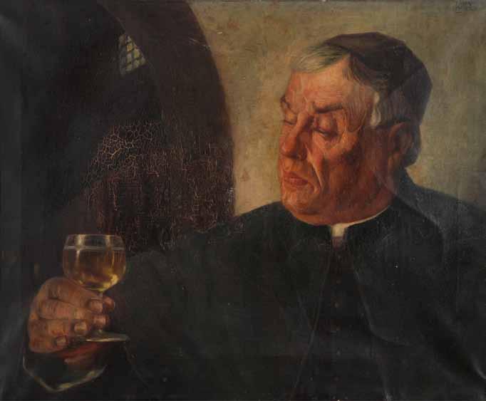 142 142 Franz Obermüller (1869 1917) Mnich olej, plátno, 54,5 x 66,5 cm, sign. PN F. Obermüller, rám, malba zkrakelována, rám poškozen.