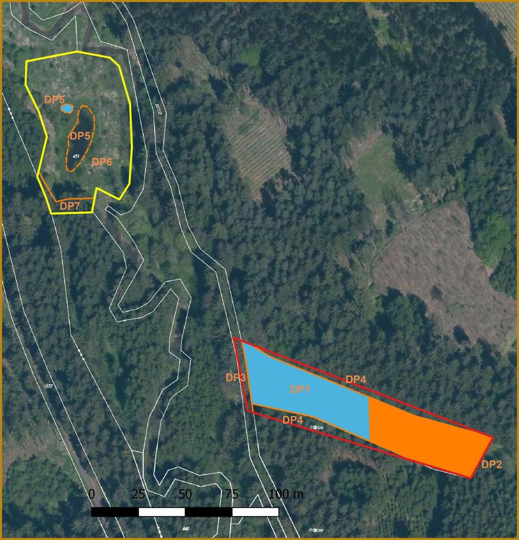 Příloha M3: Mapa dílčích ploch a objektů a navržených zásahů v nich Legenda: hranice stávající PP DP1 hranice a označení dílčí
