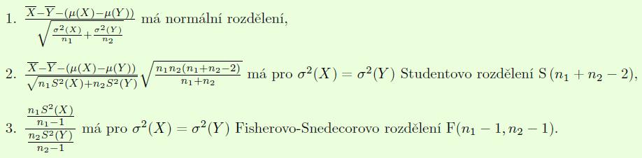 Náhodný výběr z normálního rozdělení Nechť náhodná proměnná X má normální rozdělení X~N(μ(X), σ (X)) a náhodná proměnná Y má normální rozdělení Y