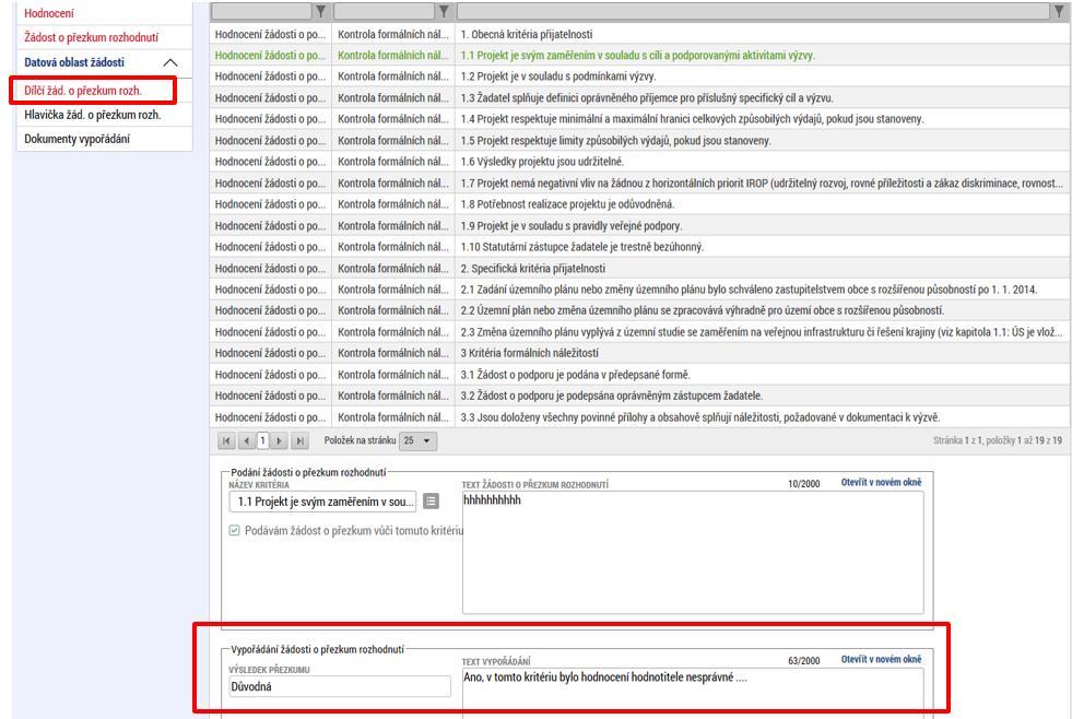 Vypořádání žádosti o přezkum k dílčím kritériím je možné zobrazit na záložce s