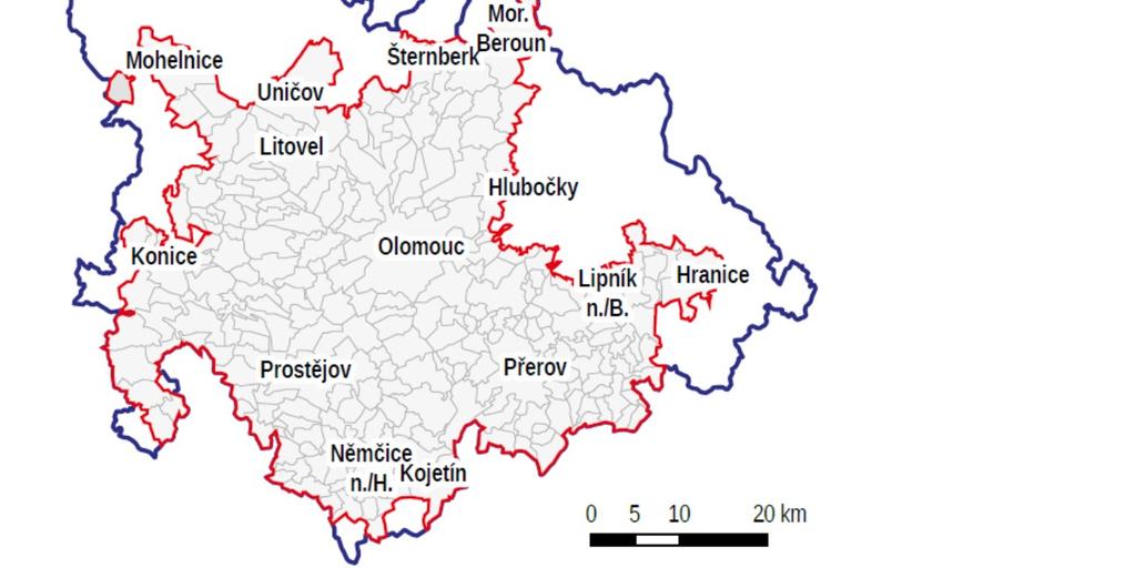 ITI Olomouc: mapa území Území ITI Olomouc zahrnuje vybrané obce spadající pod ORP: Prostějov
