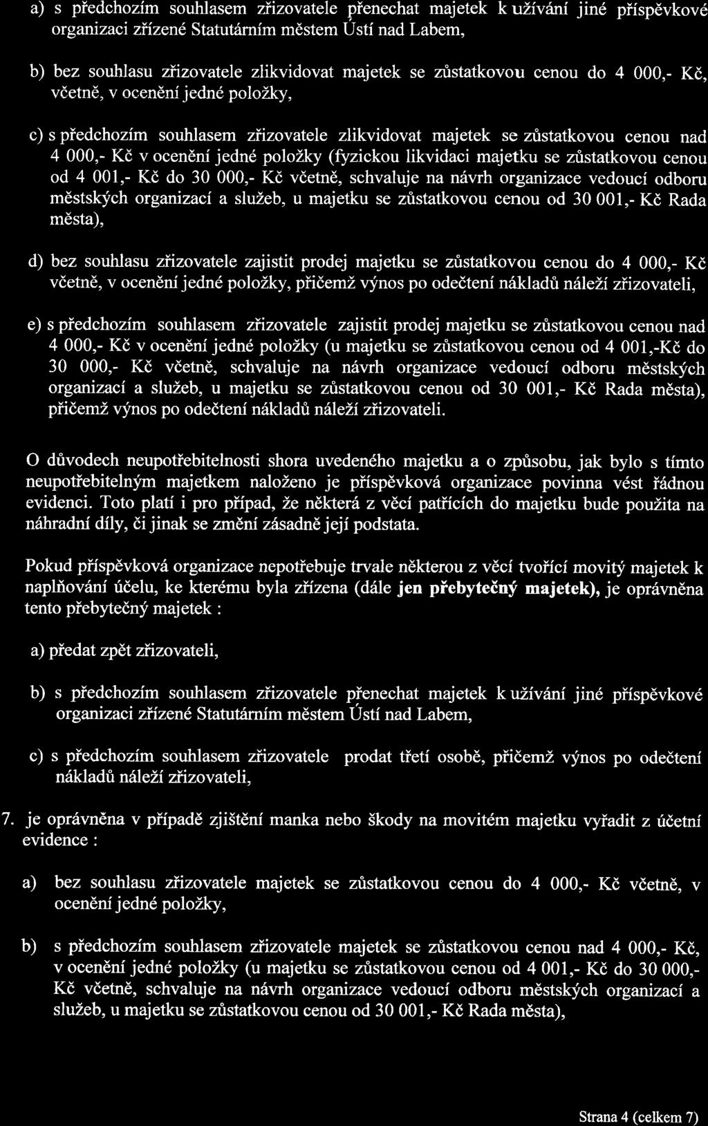a) s pfedchozim souhlasem zfizovatele pfenechat majetek k uiivém jine pfispévkove organizaci zfizené Statutérnim méstem Usti nad Labem, b) bez souhlasu zf izovatele zlikvidovat majetek se