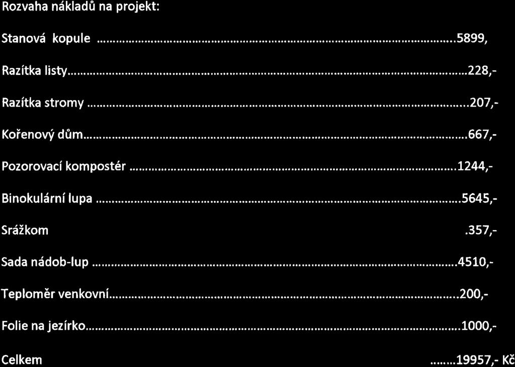 Rozvaha nékladfl na projekt: Stanové kopule...... 5899, RazitkaIIsty.......228, Razitka stromy......207,- Kofenovy'l dflm.