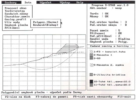 Program GEO Stabilita svahu ukázka výpočtu v programu z roku 1990 (verze 1.