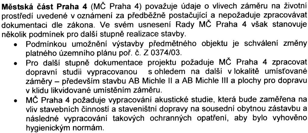 -3 Mìstská èást Praha 4 (MÈ Praha 4) považuje údaje o vlivech zámìru na životní prostøedí uvedené v oznámení za pøedbìžnì postaèující a nepožaduje zpracovávat dokumentaci dle zákona.