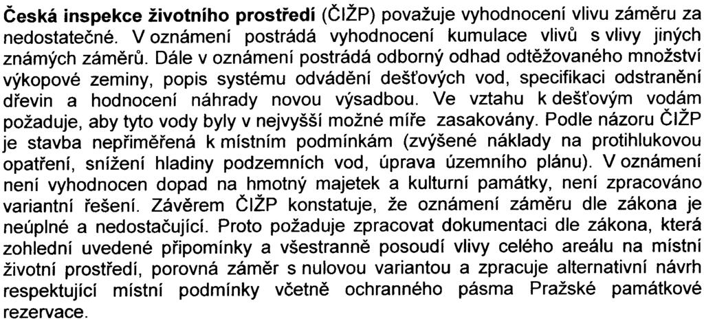 opatøení, aby bylo vyhovìno hygienickým normám. Ministerstvo zdravotnictví konstatuje, že pøedložené oznámení zámìru neposkytuje dostateèné podklady k posouzení vlivu stavby na obyvatelstvo.