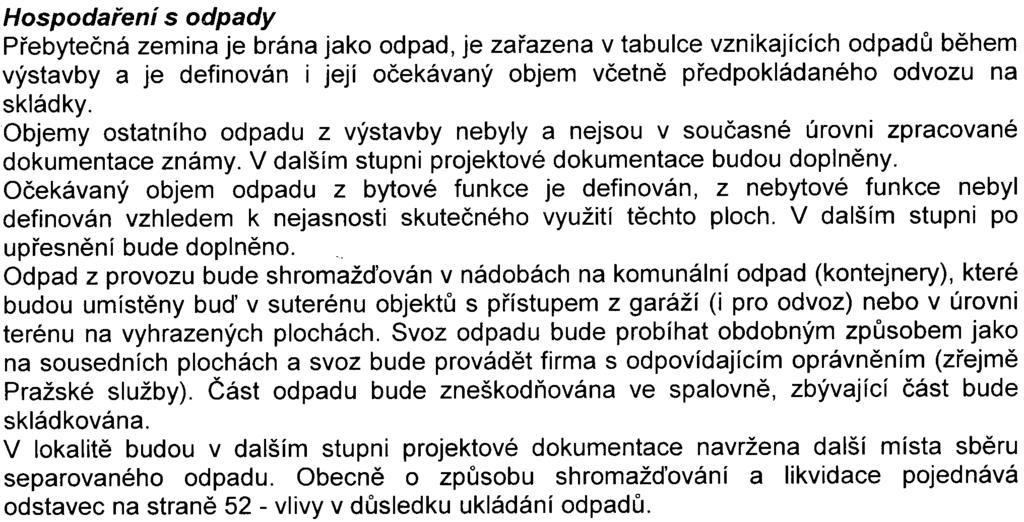 12- Hospodaøení s odpady Pøebyteèná zemina je brána jako odpad, je zaøazena v tabulce vznikajících odpadù bìhem výstavby a je definován i její oèekávaný objem vèetnì pøedpokládaného odvozu na skládky.