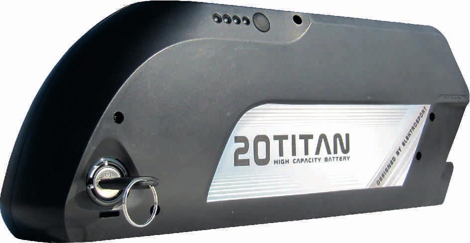 RÁMOVÁ BATERIE TITAN 20 V kombinaci se středovým motorem BAFANG, nebo SINUS je tato baterie řešením pro velmi dlouhé výlety bez nabíjení během cesty.