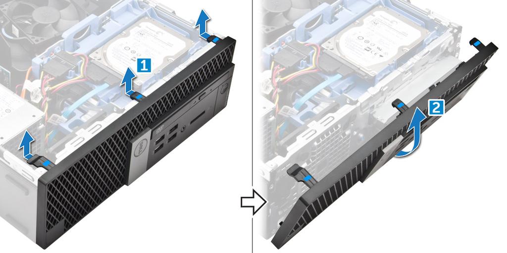 Instalace čelního krytu 1 Zasuňte západky na rámečku do zdířek v počítači. 2 Zatlačte na rámeček, aby se západky zacvakly na místo. 3 Nasaďte kryt.