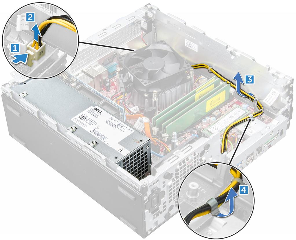 b c d rámeček. sestava 2,5palcového pevného disku optická mechanika 3 Uvolnění jednotky PSU: a Odpojte napájecí kabel od základní desky [1] [2].