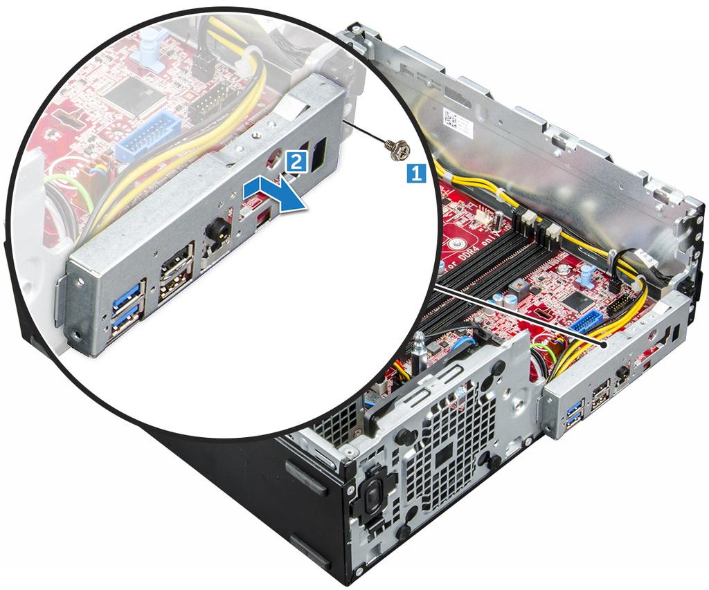 e f g h i j chladič procesor rozšiřující karta paměťový modul disk SSD M.2 PCIe Čtečka karty SD 3 Postup vyjmutí panelu I/O: a Vyjměte šroub, který zajišťuje panel I/O [1].