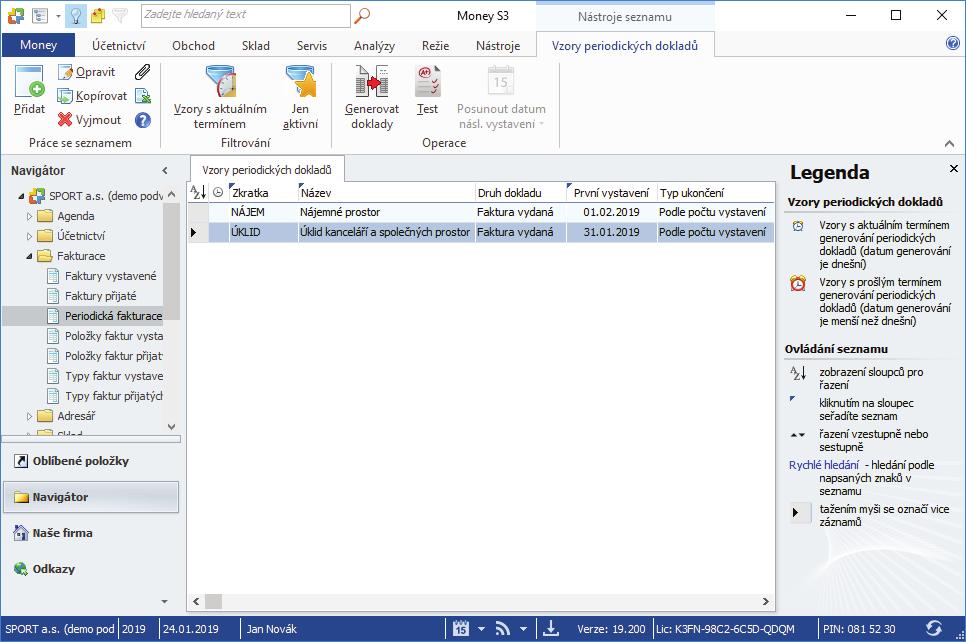 Money S3 - Periodická a hromadná fakturace M P Modul Periodická a hromadná fakturace vám zjednoduší práci s pravidelně vystavovanými fakturami, jako např. pronájmy, opakované služby apod.