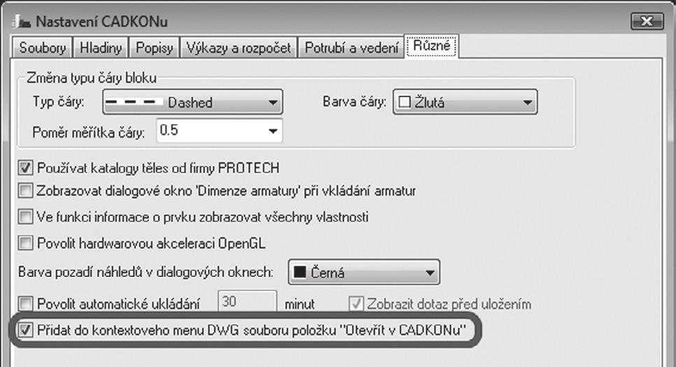 V tomto dialogu je možno vybrat asociování souborů typu DWG (formát výkresu AutoCADu) s CADKONem TZB při dvojkliknutí myši (nebo označení a stisknutí Enter) např.