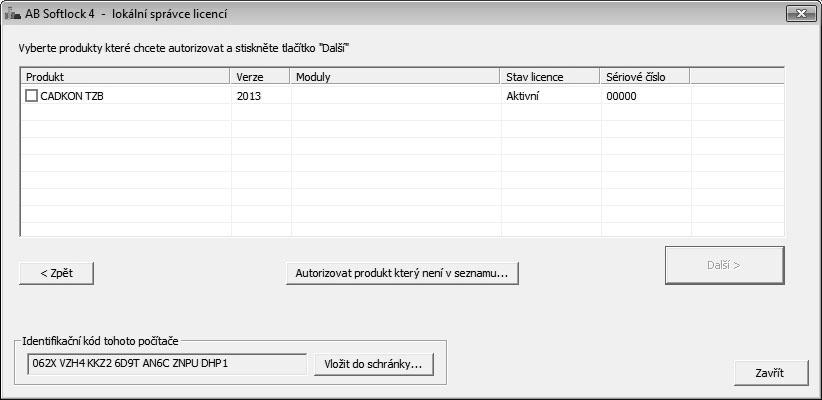 Postup: 1. Klepněte na tlačítko Autorizace produktu. 2. V kartě Autorizace klepněte na tlačítko Požádat o licenci. 3. Zaškrtněte produkty, které chcete autorizovat. 4.