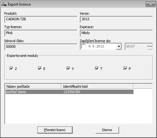 7. V dialogovém okně nastavte, které profesní moduly chcete exportovat. 8. Klepněte na tlačítko Přenést licenci a potvrďte Ano. 9. Poté zadejte umístění a soubor přenosu licence uložte. 10.