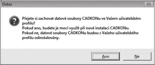 POZNÁMKA: Po odinstalaci CADKONu z počítače zůstane již autorizovaná licence zachována (po nové instalaci již nebude nutné CADKON znovu autorizovat).