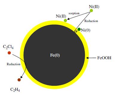 Obrázek 4: Model core-shell struktura částice nanoželeza (Sun et al., 2006) Nanoželezo se obecně vyskytuje v tzv. core-shell struktuře (viz obrázek 4).