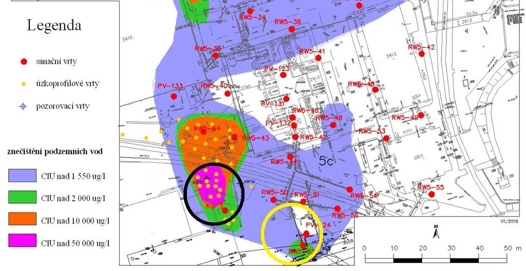 nejznečištěnější vrstvu na bázi vrtného jádra byl zaznamenán pokles kontaminace ClU (Kvapil et al., 2015).