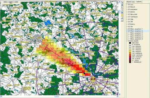 16 jejich výsečí, jak je na značeno na mapě. Kružnice mají poloměr vždy 5 km, 10 km a 20 km a představují vzdálenost od elektrárny. Každá kruhová výseč má velikost 22,5.