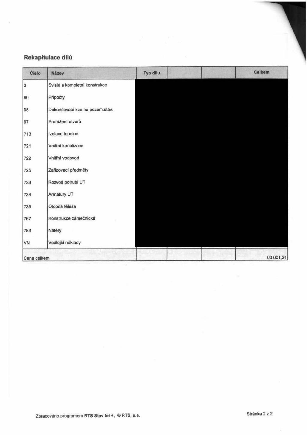 Rekapiulace dílů 1 Číslo Název Typ dílu Celkem 3 Svislé a komplení konsrukce 90 Přípočy 95 Dokončovací kce na pozem.sav.