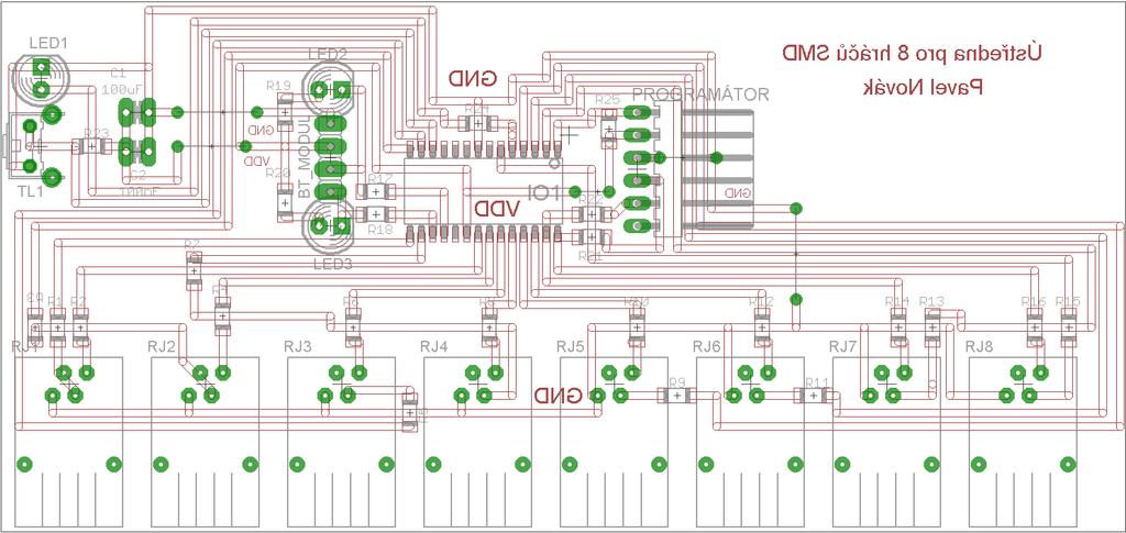 LED1 se rozsvítí při log.1 na vývodu RA3. Vstup RC1 se při stisku TL1 přepne z log.1 do log.0. Vývody RC6 a RC7 jsou použity jako sběrnice pro sériovou linku, která komunikuje s počítačem (Rx a Tx).