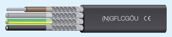(N)GFLCGÖU Ploch neoprenov stínûn kabel, EMC* - Mûdûné holé nebo cínované jádro dle normy DIN VDE 0295 a IEC 60228 lanûné dle velikosti prûfiezu od 1,5 do 25 mm 2 tfiída 6, od 35 mm 2 tfiída 5 -