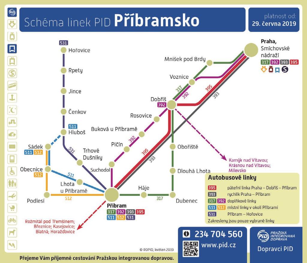 Prodloužen provoz ve večerních hodinách, celotýdenně poslední spoj z Příbrami ve 23:15, z Prahy v 0:35 (od posledního metra). Všechny spoje vedeny přes zastávku Dobříš, Větrník.