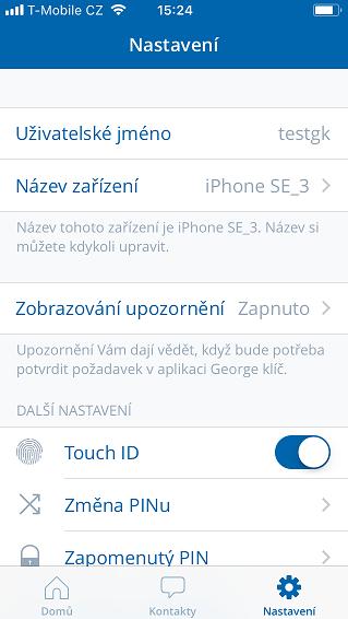Aktivaci potvrdíte 6místním PINem. V případě zablokování metody dojde k deaktivaci otisku prstu a rozpoznání obličeje a je nutné je znovu zapnout v nastavení v George klíč. 4.3.