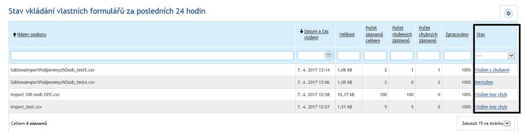 Záznamy o výsledcích importu jednotlivých souborů jsou v části Stav vložení formulářů za posledních 24 hodin archivovány, jak z názvu vyplývá, pouze 24 hodin.