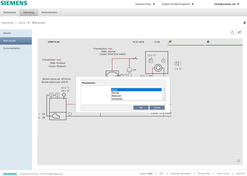 Vizualizace soustav Web server OZW772 umožňuje vytvářet vizualizace technických zařízení v budovách (HVAC, osvětlení, rolety, žaluzie, spotřeba energií)