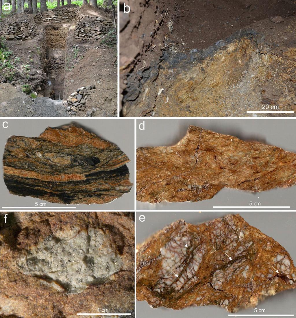 Bull Mineral Petrolog 26, 1, 2018. ISSN 2570-7337 (print); 2570-7345 (online) 15 1 cm; obr. 3c) a ojediněle patrnými většími (maximální velikost kolem 1 cm) křemennými oky.