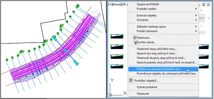 Lze provést rychlé přiblížení ze stopy příčného řezu na zobrazení příčného řezu a opačně Vzhled křížení 3D těles,