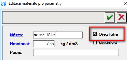 V technologii řezacích parametrů přibyl nový sloupec Řez f. [Řez fólie rychlost (mm/min.