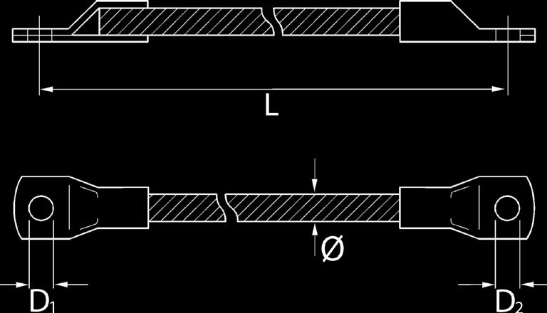 Zemnící lanka s kabelovými oky Pro zemnění a pospojování neživých částí Z holé nebo pocínované elektrotechnické mědi Splétané nebo kroucené Koncovky s pocínovanými kabelovými oky Pružná část z holé