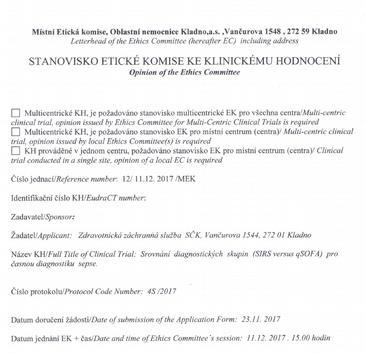 Srovnání diagnostických kritérií SIRS a qsofa pro časnou diagnostiku sepse 4S - Prospektivní observační studie HLAVNÍ CÍL: porovnání diagnostických kritérií (SIRS versus qsofa) sepse v urgentní