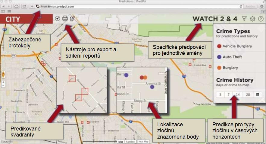 interpretaci informací z daných predikcí jsou důležití analytici policejních oddělení, kteří svým názorem ovlivňují rozhodování o aplikaci zdrojů. 2 Obrázek 1 Uživatelské prostředí PredPol.