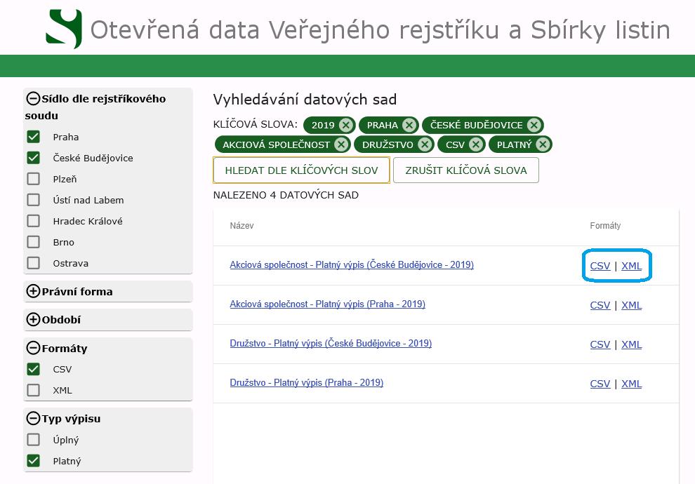 Obrázek 11 Export datové sady z hlavní stránky 2. Systém provede export datové sady ve zvoleném formátu a prohlížeč zobrazí informativní hlášení o stažení souboru.