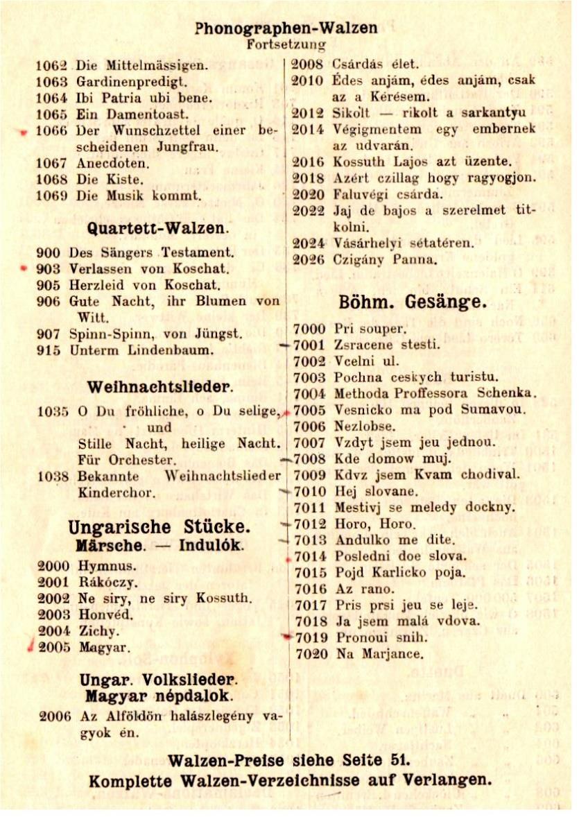 1901 Ukázky objednacích katalogů Examples První nalezený katalog s českými nahrávkami - 1901