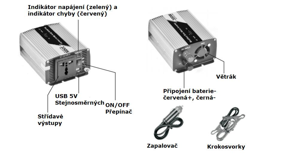 3-5-4. Pokud je výkon spotřebiče střídavého napětí větší, než výkon měniče (nebo spotřebič vyžaduje velký přísun energie), měnič se vypne. Rozsvítí se červený indikátor CHYBY. 3-5-5.