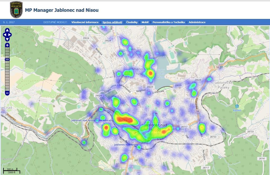zvýšeným nápadem. Na obrázku je příklad takové mapy s přestupky na úseku veřejného pořádku za rok 2016.
