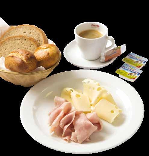 EURO Breakfast - delicious sausages, mustard, ketchup, butter, jam, bread, hot drink of your choice* DE EURO
