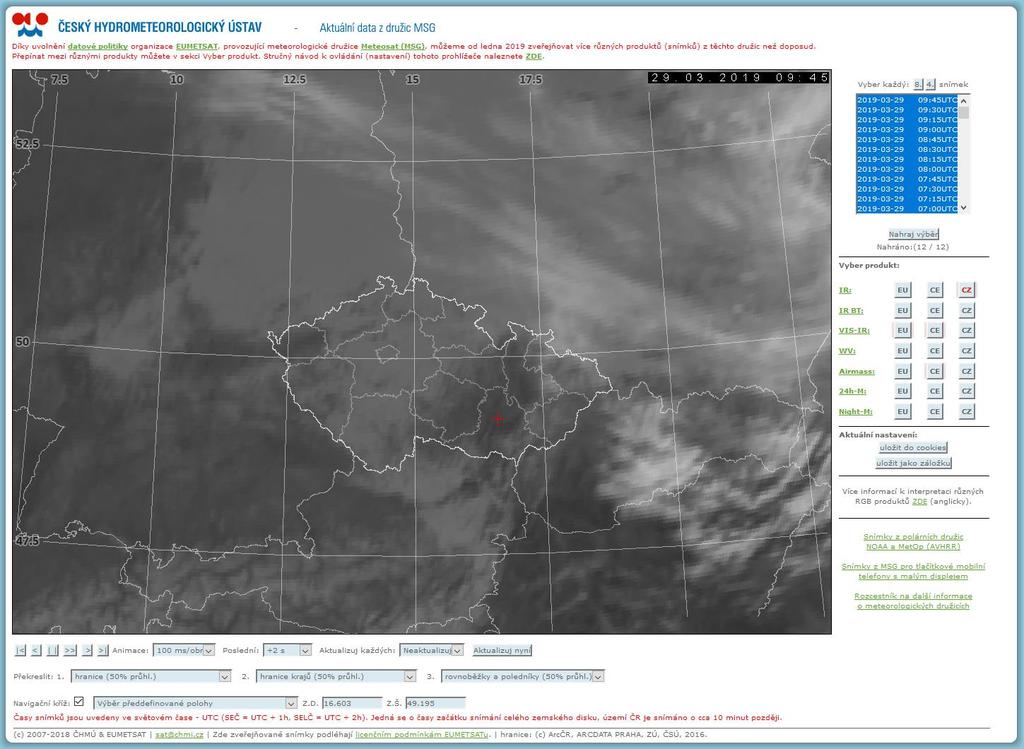 Volba typu produktu a geografické projekce. Příklad geografického formátu Česká republika (tlačítka CZ). Rozlišení snímků (velikost pixlů) přibližně 1 km.