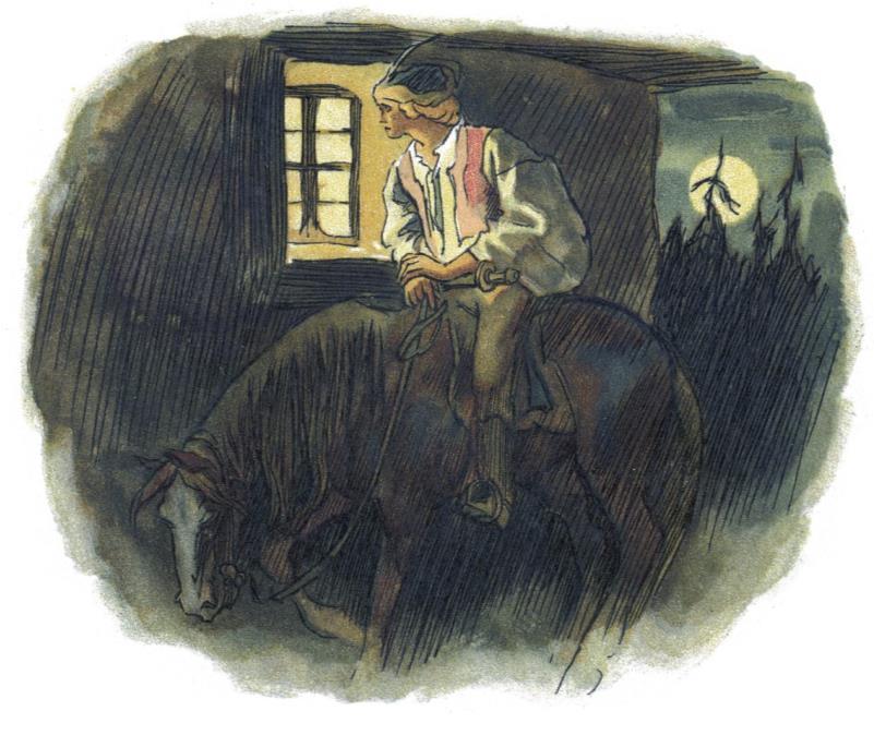 Smutkem Toman obklopen patří s koně do oken: děvče láskou jen rozplývá, na ženicha se usmívá; otec jedná námluvy, matka hledí