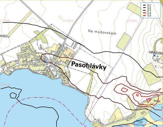 Obrázek č. 11 Grafické znázornění maximálních denních příspěvků k imisní koncentraci PM10 [µg/m 3 ] - po realizaci Obrázek č.