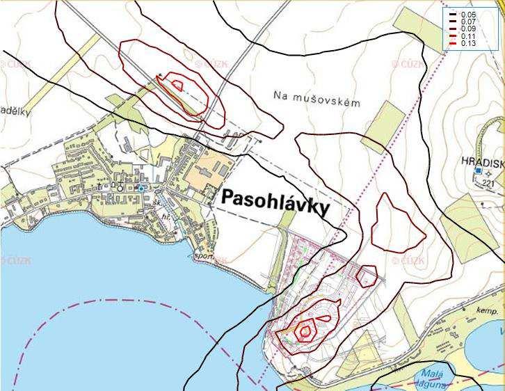 Obrázek č. 15 Grafické znázornění průměrných ročních příspěvků k imisní koncentraci PM2,5 [µg/m 3 ] - po realizaci Obrázek č.