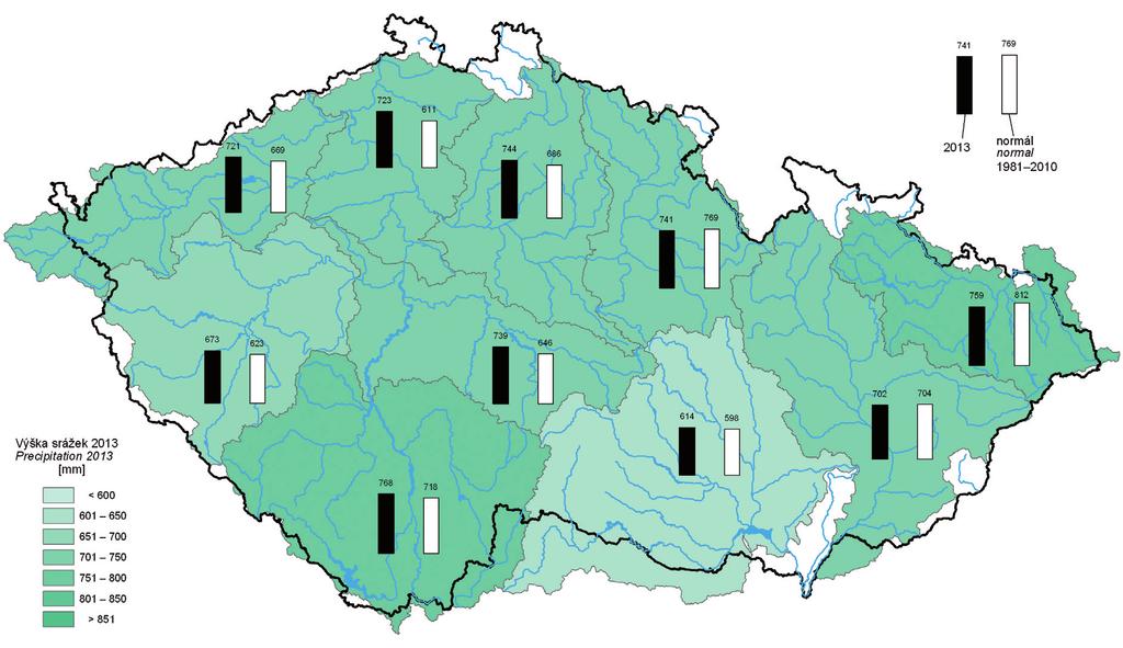 HYDROLOGICKÁ ROČENKA ČESKÉ REPUBLIKY 2013 Mapa II.3 Výška srážek v bilančních oblastech v roce 2013. Map II.