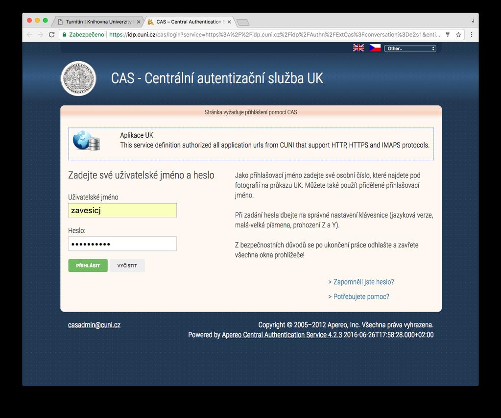 Přihlaste se svými CAS údaji (alias nebo ID -