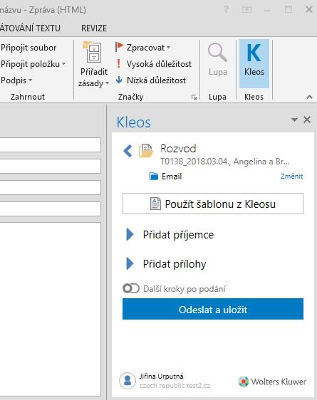 Pro výběr jiné kauzy klikněte na <. Kleos pro Outlook nabídne složku pro uložení, kterou je možné změnit.