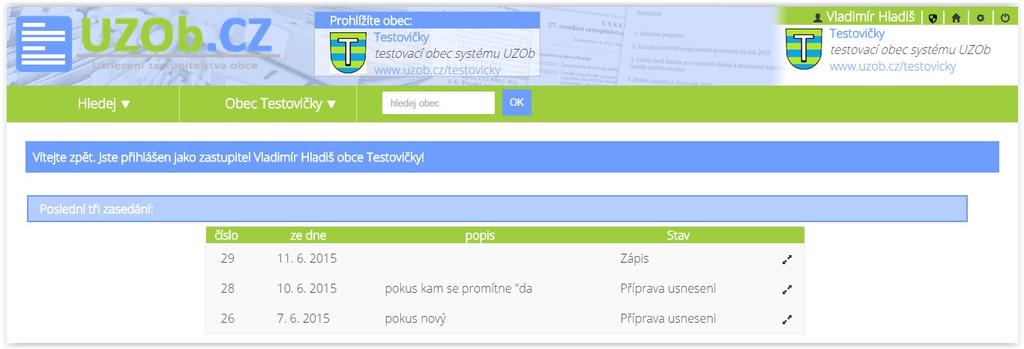 3. Popis funkcionalit 3.1. Popis rozhraní aplikace 1. 5. 2. 3. 4. Obr. základní obrazovka zastupitele, občana 1. logo UZOb.CZ návrat na úvodní stránku 2.