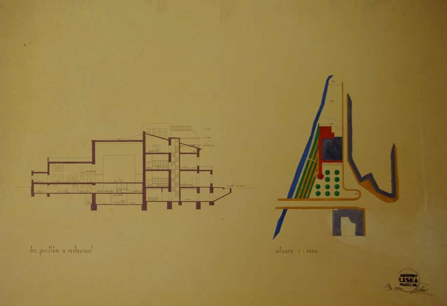 Obr. 43: Situace, M 1:1000; řez jevištěm a restaurací, Oldřich Liska,